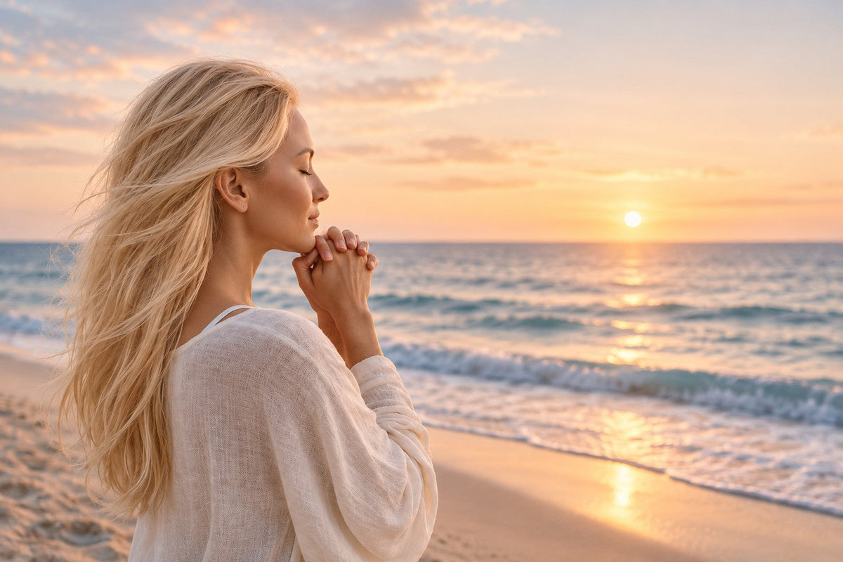 Blonde woman in a white linen top with eyes closed and hands clasped peacefully on a beach at sunset, representing mindfulness, stress management and healthy skin ageing.