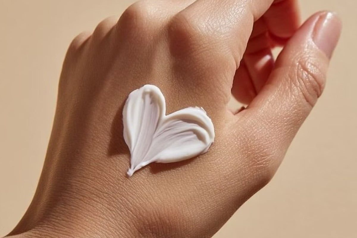 Close-up of a hand with heart-shaped white moisturising cream on the skin, illustrating gentle, clean skincare and healthy skin care choices.