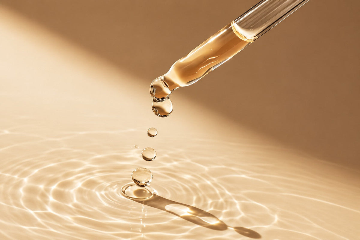 Golden skincare serum dripping from a glass pipette into a reflective liquid surface, illustrating skincare ingredients, product freshness and oxidation.