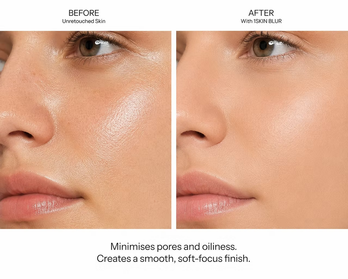 Before and after comparison of O Cosmedics 1SKIN BLUR Finishing Powder 6g in a universal translucent shade, showing reduced appearance of pores and shine with a smooth, soft matte finish. 