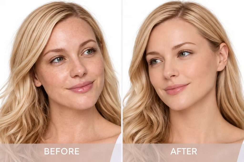 Before and after images of a blonde model showcasing O Cosmedics 1SKIN BLUR Finishing Powder 6g in a universal translucent shade, with a smoother-looking complexion and soft matte finish.