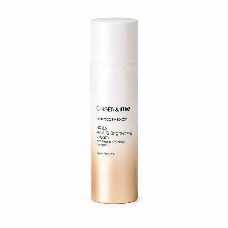 Ginger & Me AAA & Brightening Cream 50g facial moisturiser in white and gold pump bottle for uneven skin tone and pigmentation