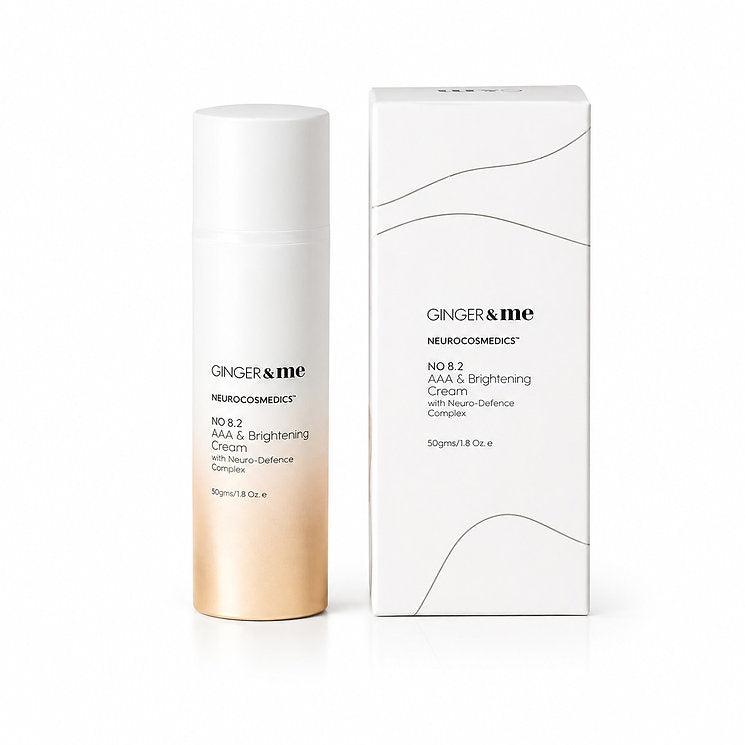 Ginger & Me AAA & Brightening Cream 50g bottle displayed alongside its original white skincare packaging