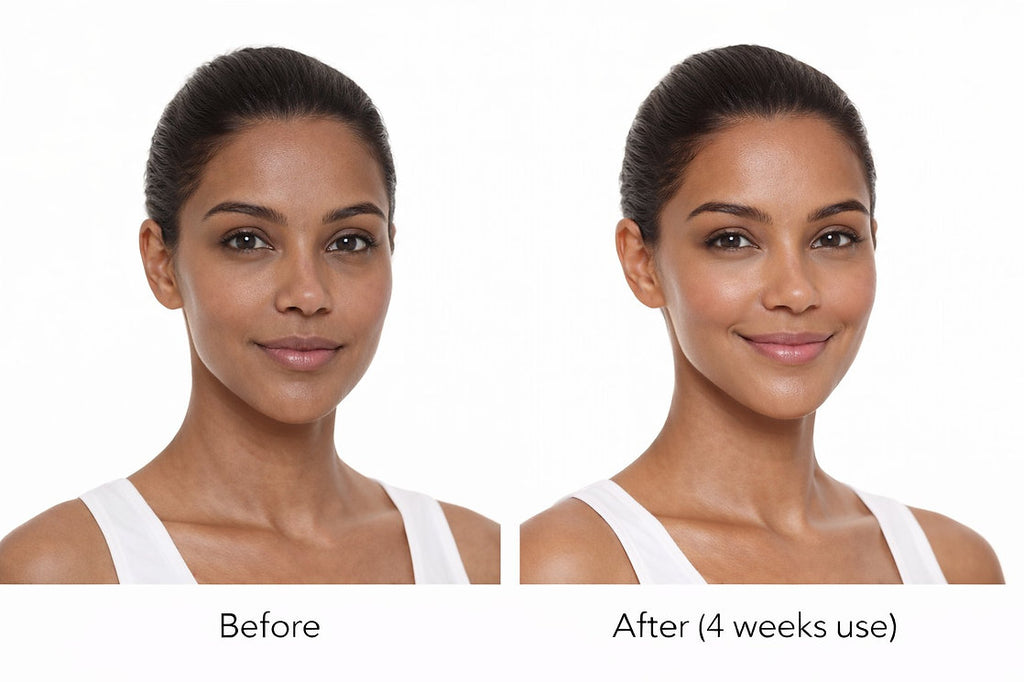 Before and after facial skincare comparison showing the appearance of skin tone and radiance