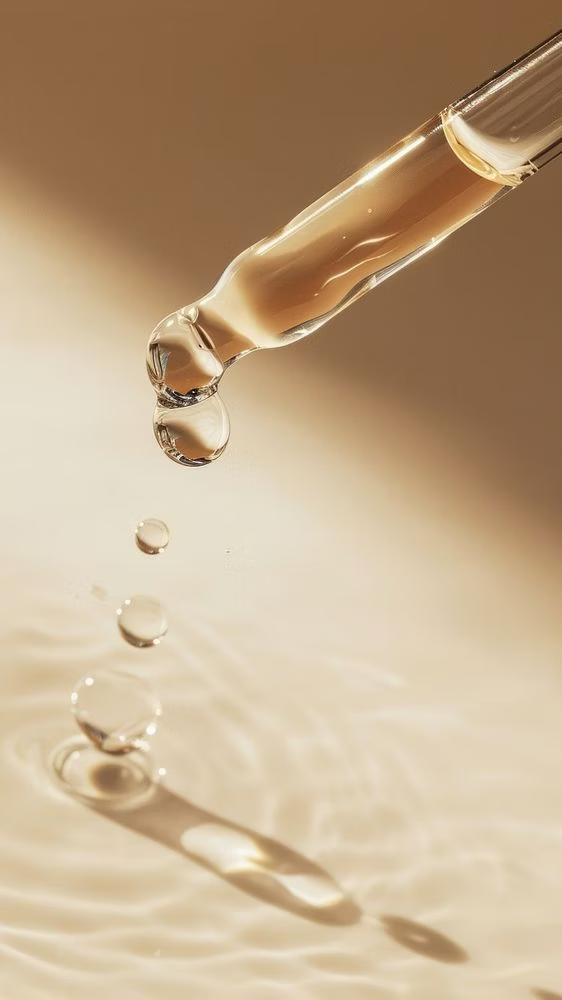 Close-up of golden serum droplets showcasing the lightweight texture of Ginger & Me Advanced Collagen Booster Serum.