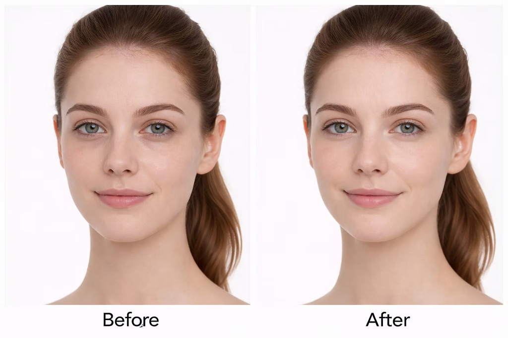 Before and after facial comparison showing a brighter, smoother-looking under-eye area in a promotional image for Medik8 Advanced Day Eye Protect 15ml eye cream.