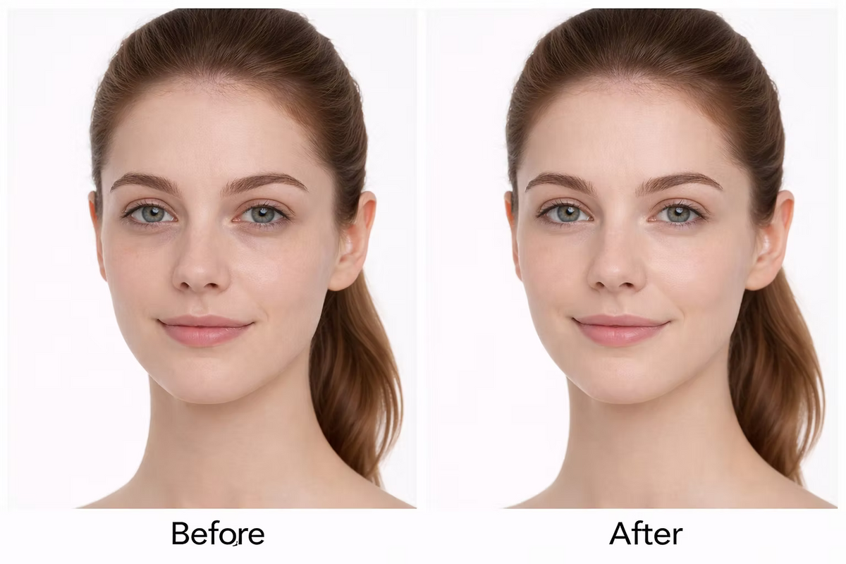 Before and after facial comparison showing a brighter, smoother-looking under-eye area in a promotional image for Medik8 Advanced Day Eye Protect 15ml eye cream.