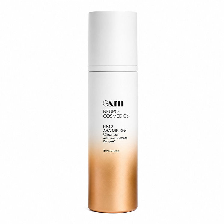 Ginger & Me AHA Milk-Gel Cleanser 150ml in white and gold pump bottle, gentle exfoliating facial cleanser