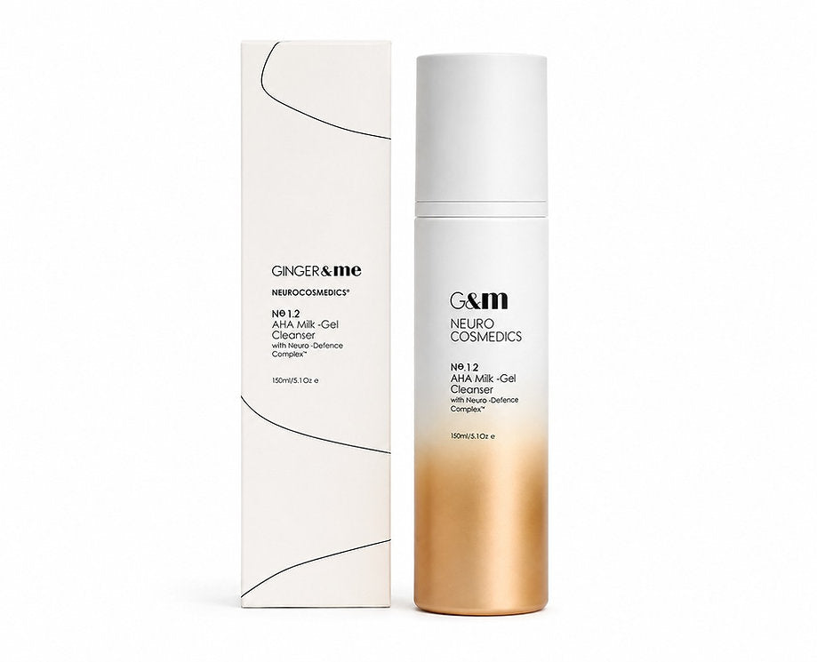 Ginger & Me AHA Milk-Gel Cleanser 150ml displayed beside its original white skincare packaging