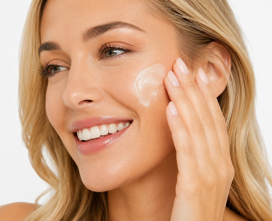 Smiling woman gently touching her cheek, illustrating a fresh and radiant-looking complexion
