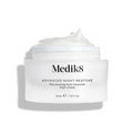 Medik8 Advanced Night Restore 50ml rejuvenating multi-ceramide night cream in an open white jar showing rich cream texture on a white background.