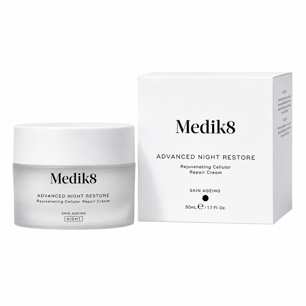 Medik8 Advanced Night Restore 50ml rejuvenating night cream in a white jar with matching product packaging on a white background.