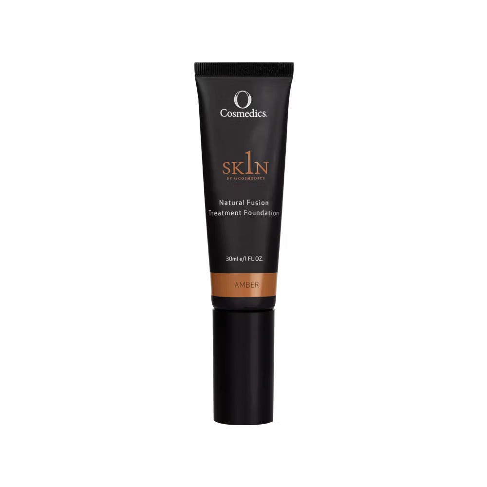 O Cosmedics 1SKIN Natural Fusion Treatment Foundation in Amber 400 shade, 30 mL black tube with amber shade label, front view on white background.