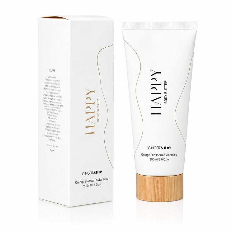 Ginger & Me Happy Body Butter 200ml white tube displayed beside its matching product box.