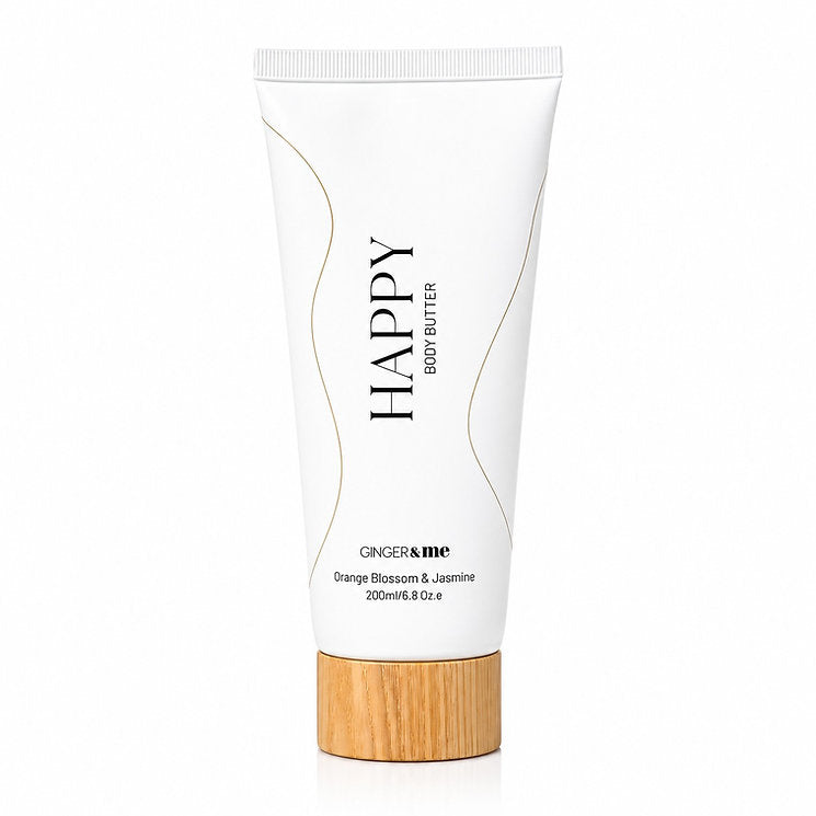 Ginger & Me Happy Body Butter 200ml moisturising body cream in a white tube with cap.