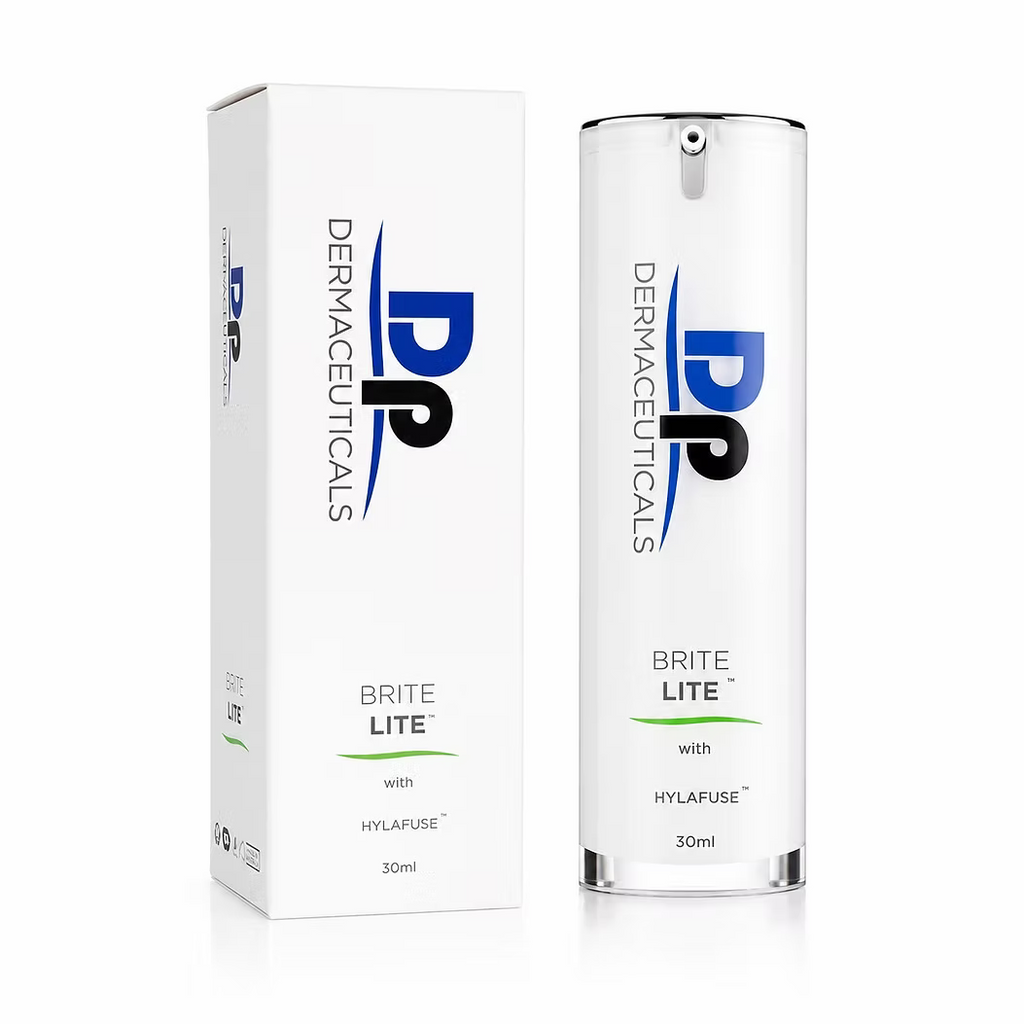 DP Dermaceuticals Brite Lite 30ml pigmentation serum displayed alongside its original product packaging.