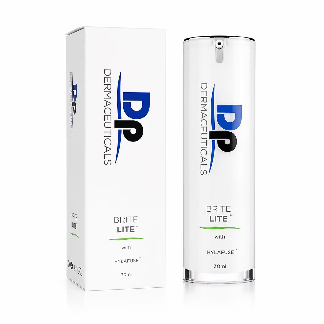 DP Dermaceuticals Brite Lite 30ml pigmentation serum displayed alongside its original product packaging.