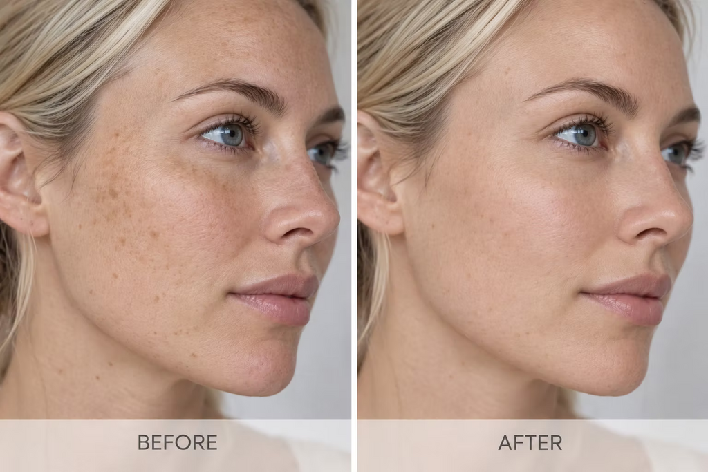 Before and after comparison showing the appearance of facial pigmentation and uneven skin tone following skincare treatment.