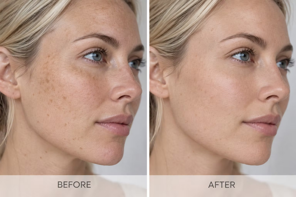 Before and after comparison showing the appearance of facial pigmentation and uneven skin tone following skincare treatment.