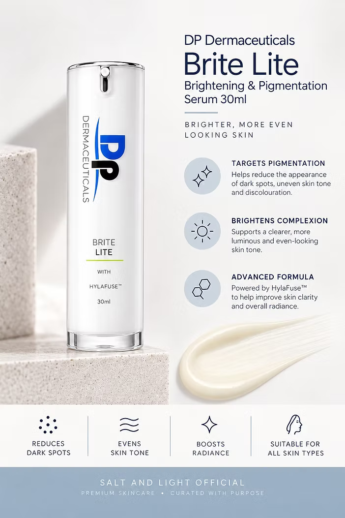 DP Dermaceuticals Brite Lite 30ml brightening serum infographic highlighting pigmentation care, skin tone correction and product benefits.