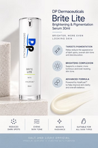 DP Dermaceuticals Brite Lite 30ml brightening serum infographic highlighting pigmentation care, skin tone correction and product benefits.