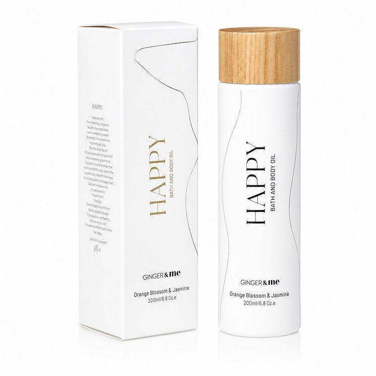 Ginger & Me Happy Bath & Body Oil 200ml white bottle with wooden-look cap displayed beside its original packaging