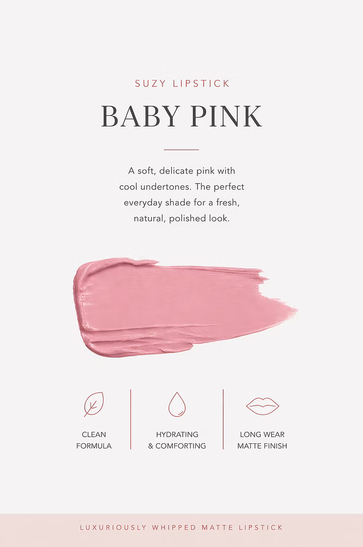 SUZY Miss Amy Baby Pink Whipped Matte Lipstick shade swatch showing a soft, cool-toned baby pink colour with a creamy matte finish for everyday wear.