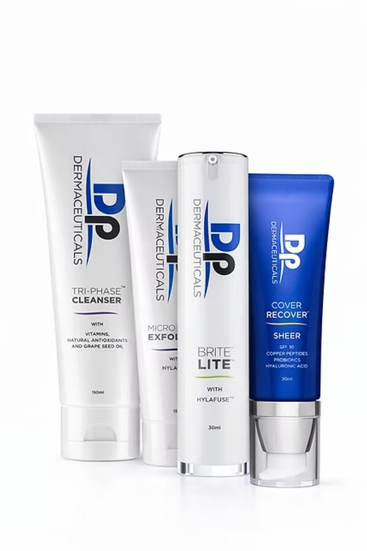 DP Dermaceuticals Bright Skin Bundle featuring Tri-Phase Cleanser, Micro Derm Exfoliant, Brite Lite and Cover Recover SPF30 Sheer.