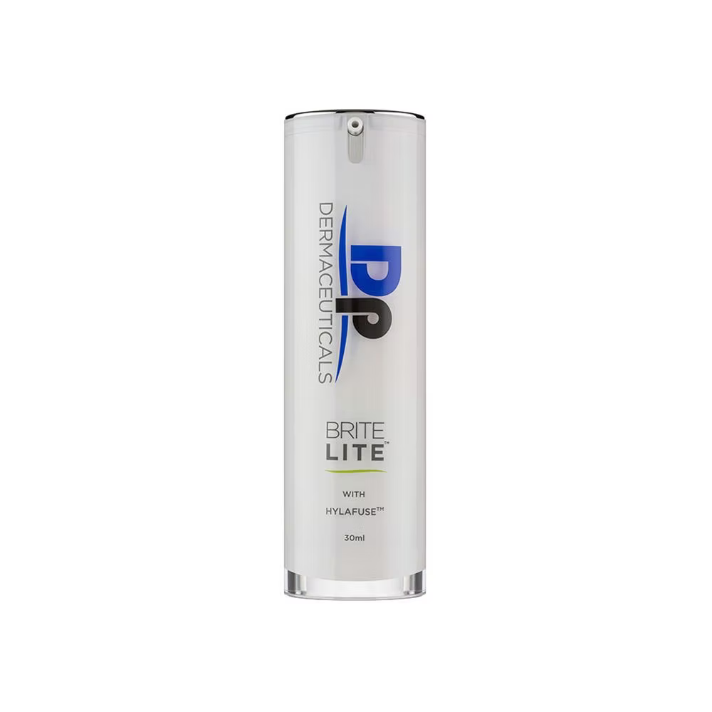 DP Dermaceuticals Brite Lite 30ml brightening serum with HylaFuse technology, designed to improve the appearance of pigmentation, dark spots and uneven skin tone. Included in the DP Bright Skin Bundle.