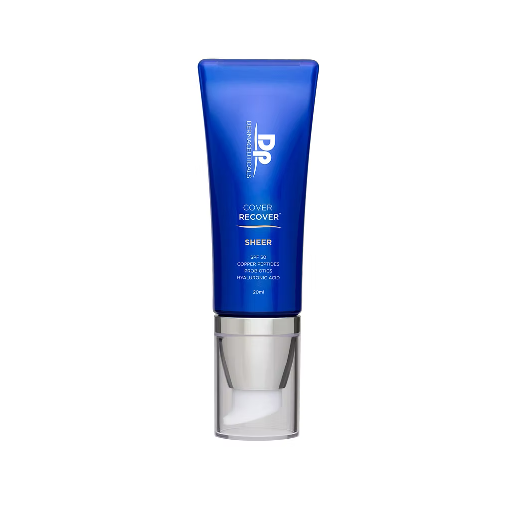 DP Dermaceuticals Cover Recover SPF30 Sheer 20ml tinted skin coverage with copper peptides, probiotics and hyaluronic acid, included in the DP Bright Skin Bundle.