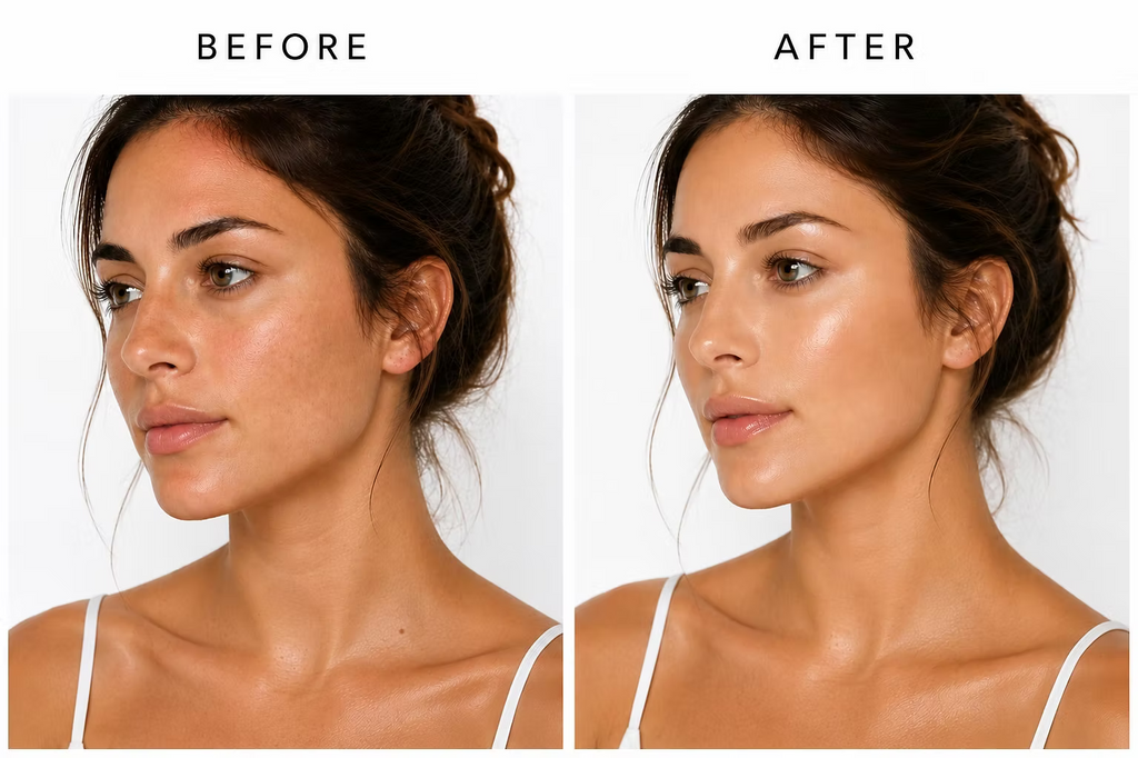 Before and after comparison of a woman's complexion showing more even-looking skin tone, reduced appearance of pigmentation and a brighter, radiant finish.