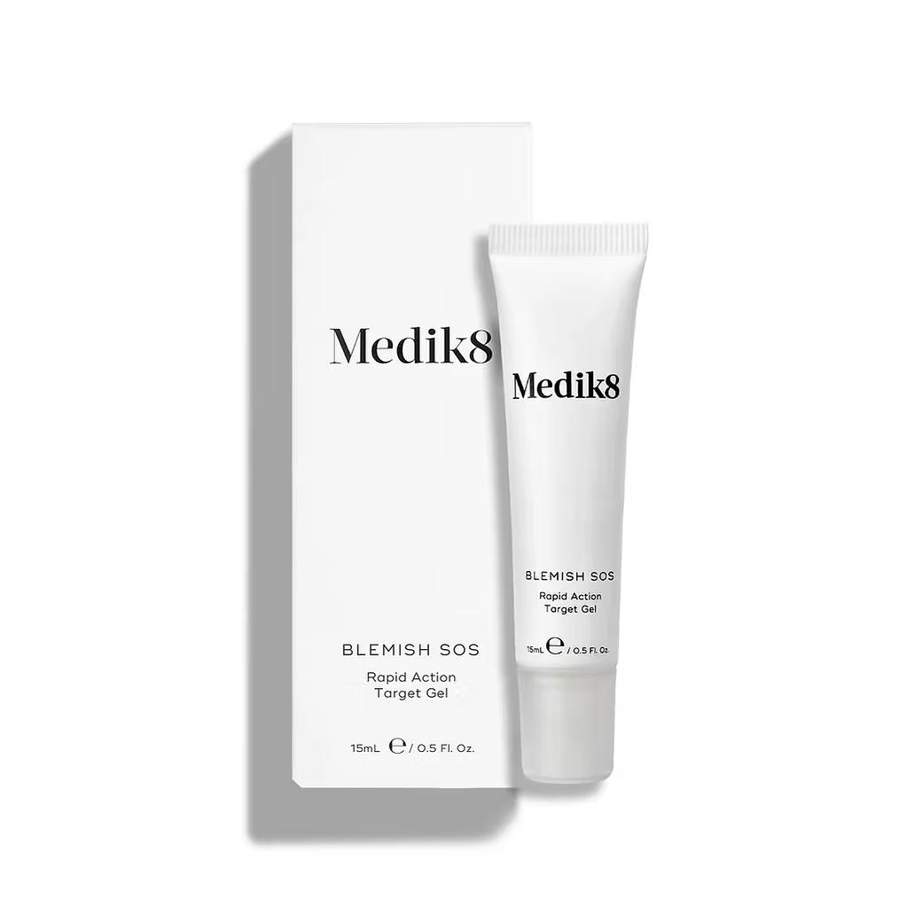 Medik8 Blemish SOS 15ml Rapid Action Target Gel, featuring the white blemish treatment tube and matching product packaging against a clean white background.