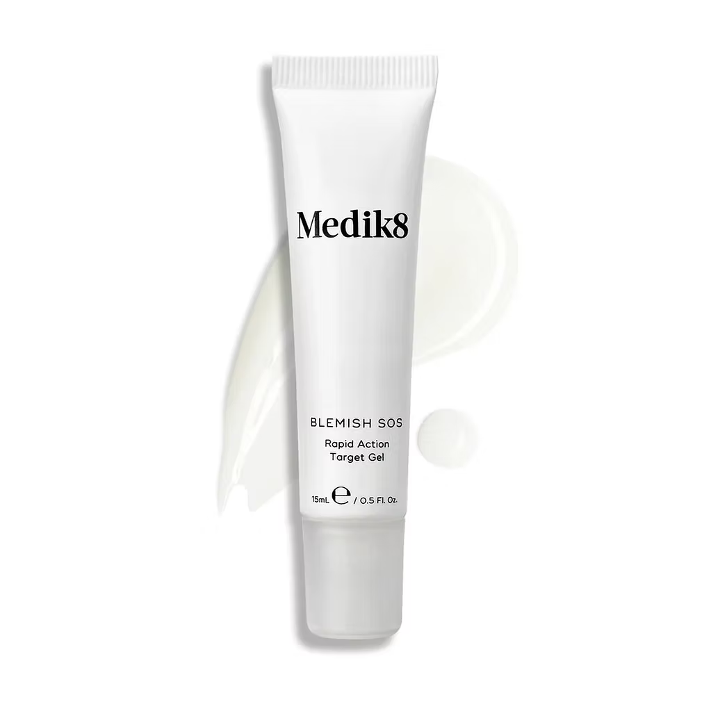 Medik8 Blemish SOS 15ml Rapid Action Target Gel in a white tube, displayed with a translucent gel texture against a clean white background