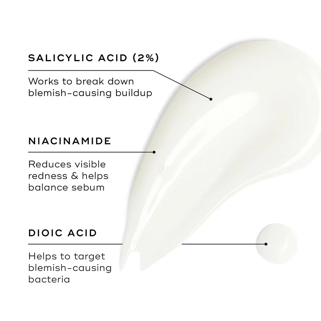 Medik8 Blemish SOS 15ml Rapid Action Target Gel ingredient infographic highlighting 2% salicylic acid, niacinamide and dioic acid to help reduce blemishes, redness and excess sebum.