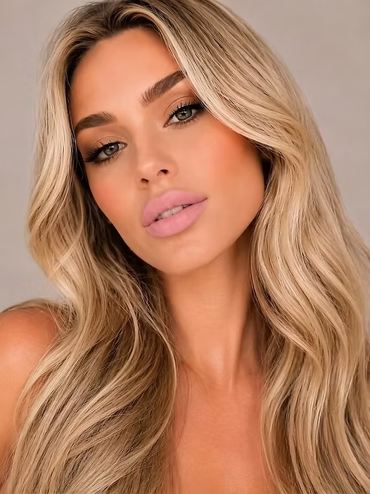 Model wearing SUZY Miss Amy Baby Pink Whipped Matte Lipstick, featuring a soft baby pink lip colour with a smooth, creamy matte finish.