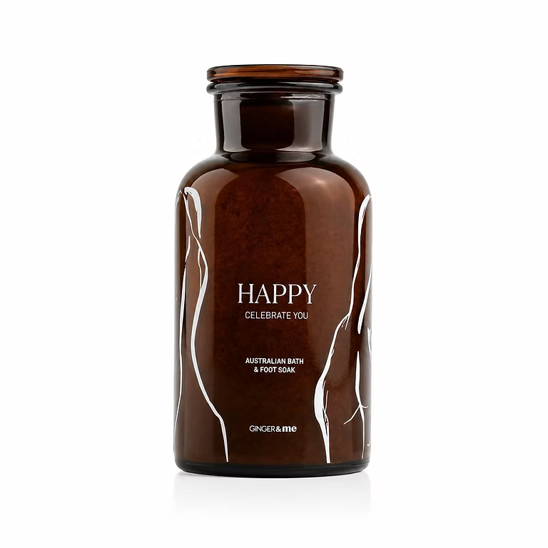 Ginger & Me Happy Australian Bath and Foot Soak 500g in amber glass bottle
