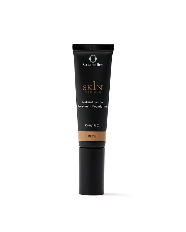O Cosmedics 1SKIN Natural Fusion Treatment Foundation in Beige 30mL, black foundation tube shown individually against a white background.