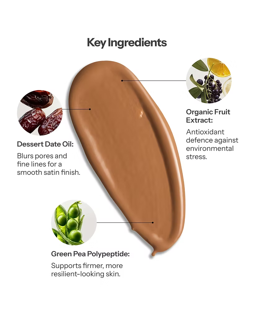 O Cosmedics 1SKIN Treatment Fusion Foundation swatch highlighting key ingredients: Desert Date Oil, Organic Fruit Extract and Green Pea Polypeptide.