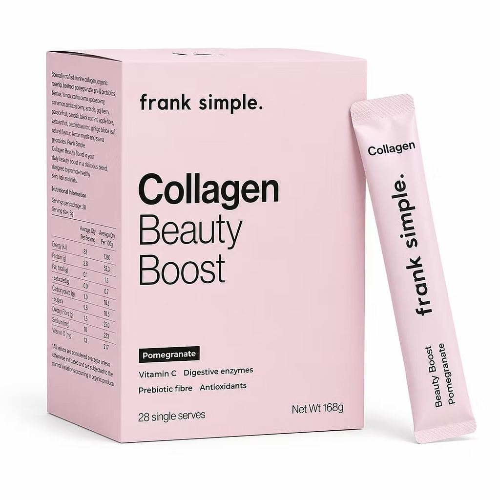 Frank Simple Collagen Beauty Boost Pomegranate 168g with 28 single-serve collagen supplement sachets, vitamin C, prebiotic fibre and digestive enzymes.
