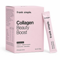 Frank Simple Collagen Beauty Boost Pomegranate 168g with 28 single-serve collagen supplement sachets, vitamin C, prebiotic fibre and digestive enzymes.