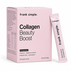 Frank Simple Collagen Beauty Boost Pomegranate 168g with 28 single-serve collagen supplement sachets, vitamin C, prebiotic fibre and digestive enzymes.