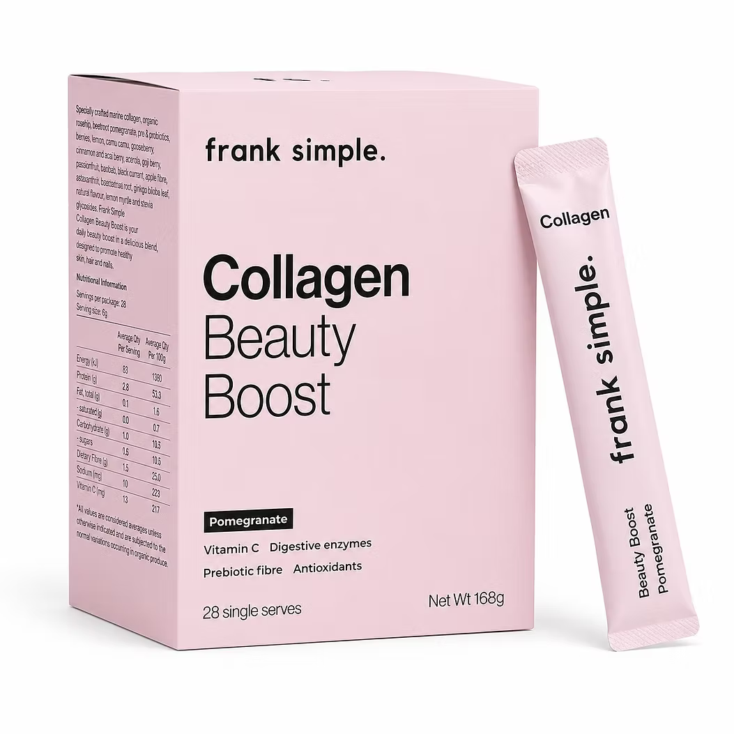Frank Simple Collagen Beauty Boost Pomegranate 168g with 28 single-serve collagen supplement sachets, vitamin C, prebiotic fibre and digestive enzymes.