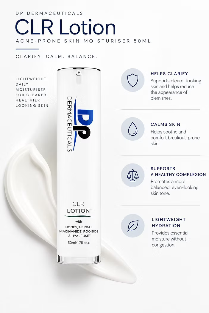 DP Dermaceuticals CLR Lotion 50ml infographic showing lightweight hydration, blemish control, calming benefits and support for balanced, acne-prone skin.