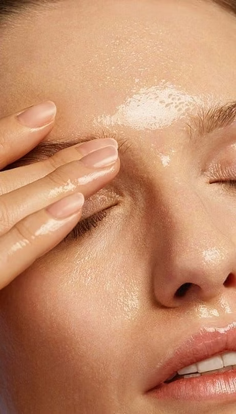 Close-up of a woman gently massaging cleansing oil onto her face to remove makeup and impurities.
