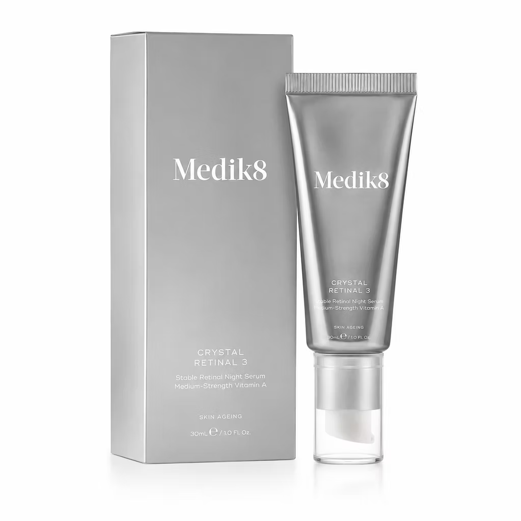 Medik8 Crystal Retinal 3 Night Serum 30ml silver tube with matching product packaging on a white background.