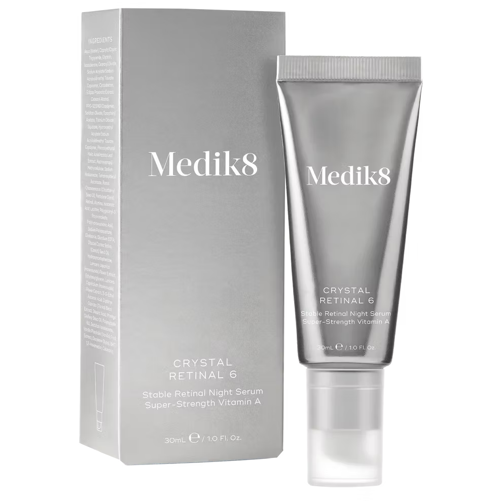 Medik8 Crystal Retinal 6 Night Serum 30ml silver tube with original product packaging, featuring a vitamin A retinal skincare formula.