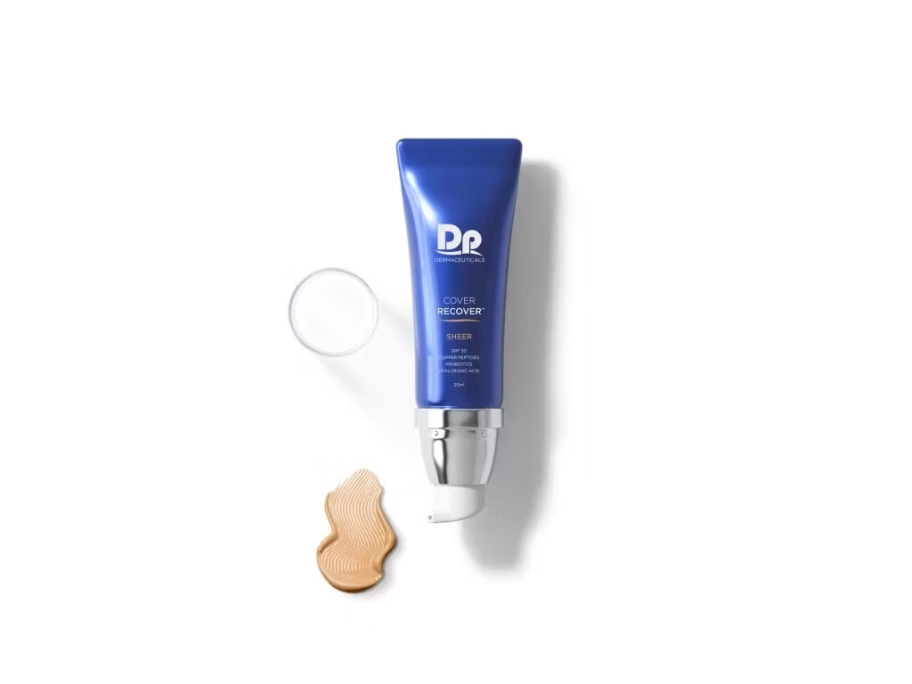DP Dermaceuticals Cover Recover SPF 30 Sheer Universal Shade 20ml blue sunscreen tube with lightweight tinted cream swatch on white background.