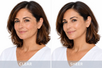 Side-by-side comparison of DP Dermaceuticals Cover Recover SPF 30 in Clear and Sheer shades, showing the natural-looking tinted coverage and more even complexion of the Sheer Universal Shade.