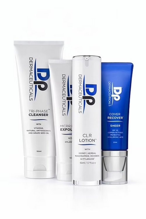 DP Dermaceuticals Clear Skin Bundle featuring Tri-Phase Cleanser, Micro Derm Exfoliant, CLR Lotion and Cover Recover Sheer SPF30 for a blemish-prone skincare routine.