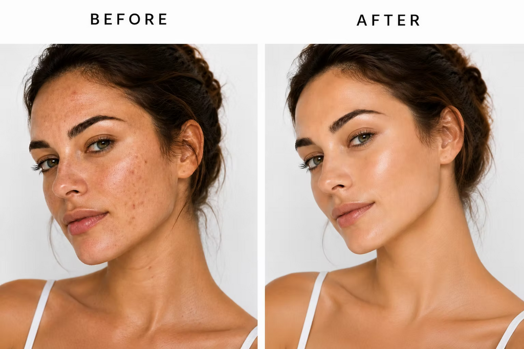 Before and after skincare comparison showing a woman with visible blemishes and uneven skin tone alongside clearer, smoother-looking skin. DP Dermaceuticals Clear Skin Bundle.